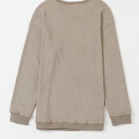 Cali Chic Women Sweatshirt Khaki Solid Ribbed Knit Round Neck Pullover - Picture 6 of 9